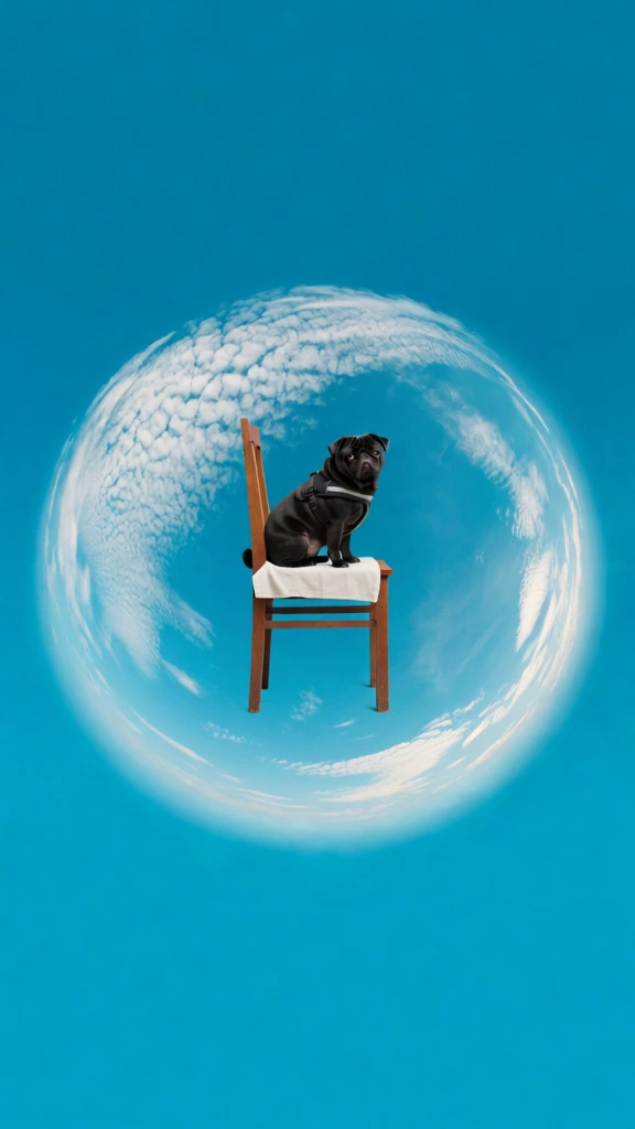 a single pug sitting on a minimalist wooden chair, centered within a floating translucent sky-blue globe, wispy altocumulus clouds, set against a flat expanse of textured emerald green felt, heavy analog film grain, surrealist collage aesthetic, vibrant high-chroma saturation, 1970s retro-graphic design, soft diffused daylight, circular fisheye perspective, tactile matte paper finish, high-contrast color blocking, dreamlike atmosphere