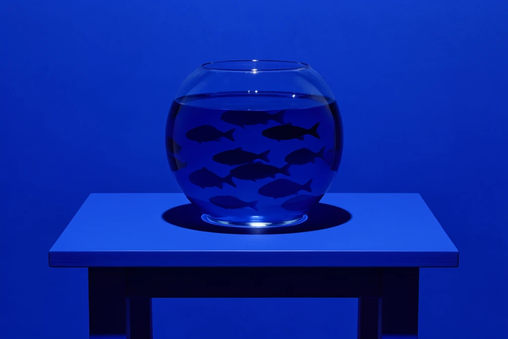 A spherical glass fishbowl containing dark navy-blue silhouettes of fish rests on a minimal, flat table, all entirely enveloped in an intense, monochromatic Yves Klein blue color palette. The seamless infinite backdrop, the table surface, and the tinted water share the exact same vivid, saturated cobalt hue, creating a striking ton-sur-ton effect. High-contrast, directional studio lighting strikes from above and slightly forward, carving out sharp, deep indigo shadows directly beneath the bowl and the table's edge. The smooth glass of the fishbowl catches crisp, concentrated specular highlights that define its curvature against the uniform background. The overall composition presents a pristine, graphic, high-fidelity still life with a bold, minimalist aesthetic defined by its overwhelming flood of deeply saturated blue and stark, geometric light and shadow.