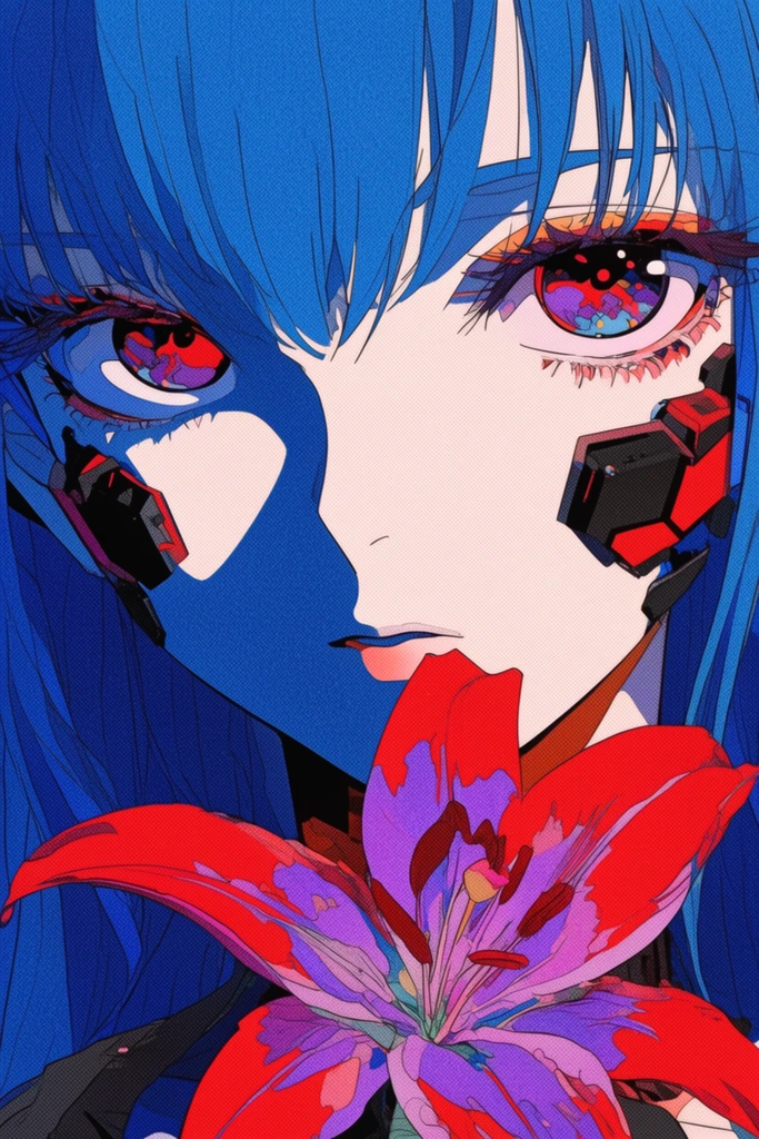 Close-up retro anime portrait of a female figure with pale skin, vibrant blue hair, and large detailed eyes with red and purple reflections. Geometric black and red mechanical implants rest on her cheekbones. A prominent red and purple lily overlaps her neck. Deep blue shadows heavily define the left side of her face. The artwork features a high-contrast color palette, sharp line art, bold flat shading, and a distinct halftone dot print texture across the entire graphic composition.