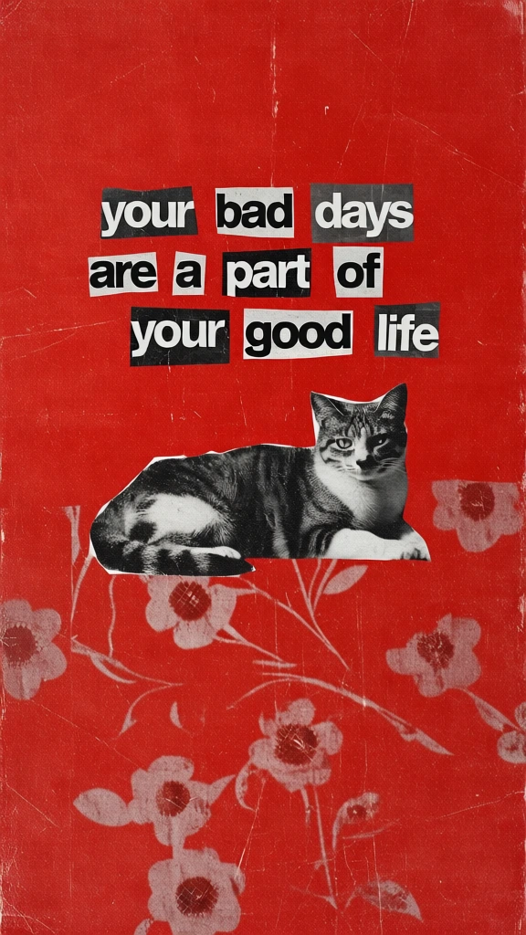 analog collage aesthetic set against a saturated matte vermillion red background heavily distressed with fine scratches and organic fiber dust, modular high-contrast black and white newsprint typography reading "your bad days are a part of your good life" at the top, a single grainy xerox-style cat resting in the center as a rough-edged cutout, anchored by a weathered monochrome floral halftone pattern across the bottom half, raw high-grain silver gelatin print textures throughout.