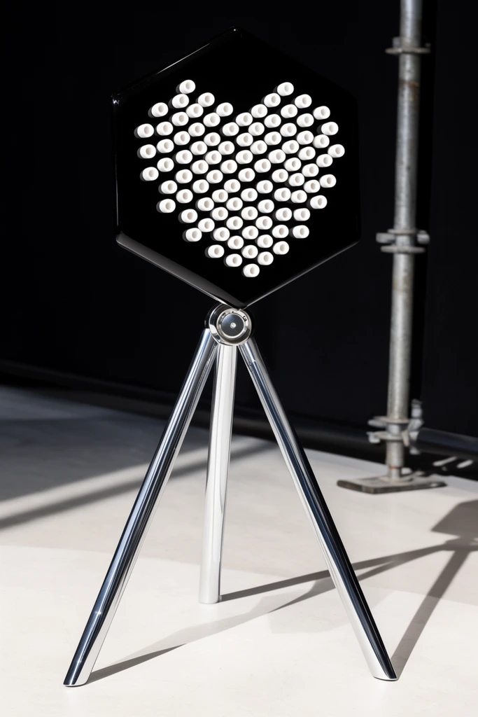 A modern tripod stand features a glossy black hexagonal top arranged with a heart-shaped pattern of small white cylindrical knobs. Three highly reflective, angled silver legs connect to a central metallic joint. The piece rests on a light floor, casting a stark geometric shadow under bright lighting against a dark background with a vertical scaffolding pole.
