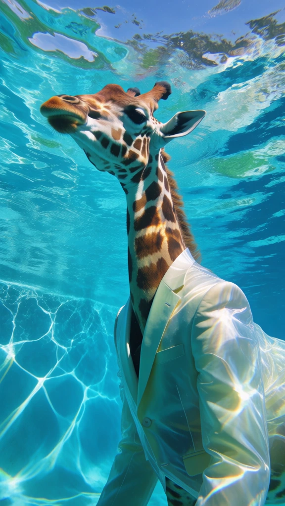 low angle underwater perspective looking up at a giraffe wearing a tailored suit jacket, shimmering sunlight filtering through clear water creating ethereal caustic patterns and backlighting, translucent fabric textures and fine fur details, vibrant palette of cyan, teal, lime green, and azure, organic vertical composition stretching toward the surface, dreamlike atmosphere, hyper-realistic cgi, soft bokeh, refractive water ripples, serene high-fashion editorial aesthetic.
