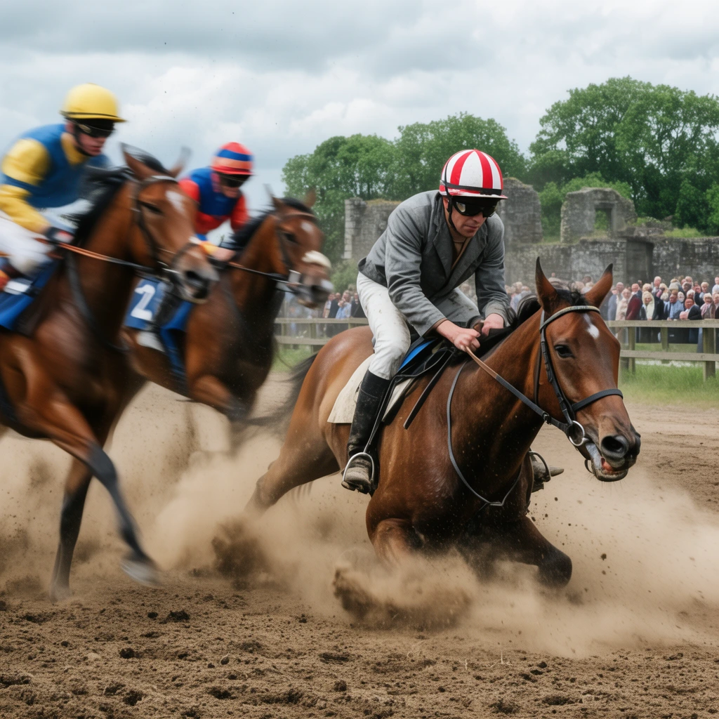 dynamic action photography of a dirt track horse race, foreground brown horse collapsing to its front knees in a massive dust cloud, rider in grey jacket and striped helmet leaning forward gripping the reins, two riders on galloping brown horses passing on the left with motion blur, distant crowd behind a wooden fence, trees and stone ruins under an overcast sky
