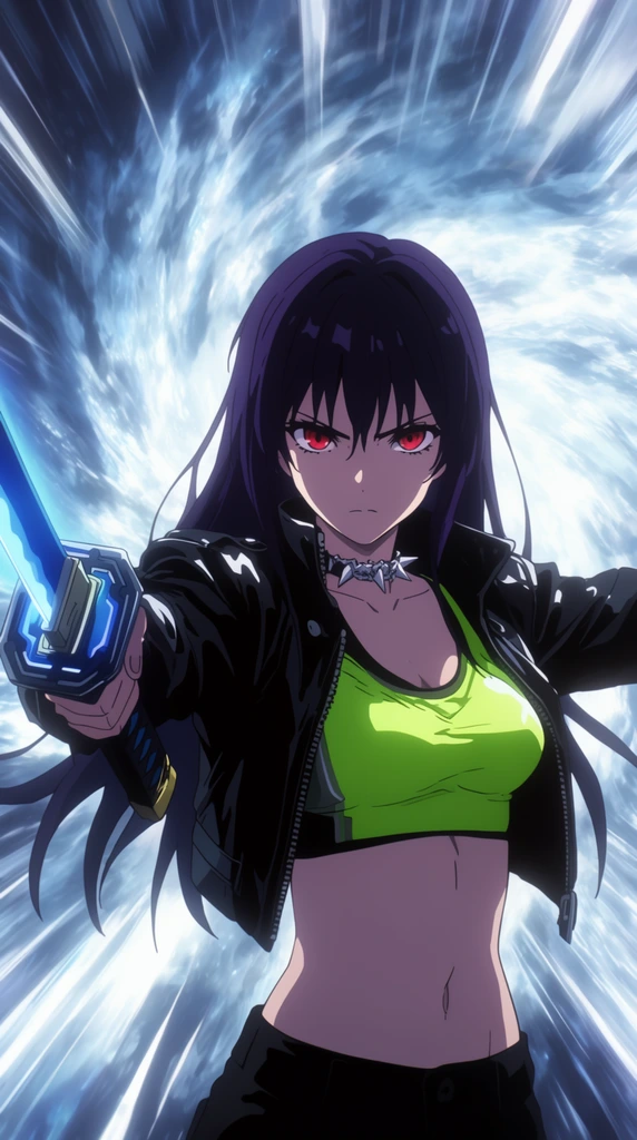 An anime-style young woman with long dark purple hair and piercing red eyes stands in a confident, aggressive stance with her arms spread wide. She wears an unzipped black leather crop jacket worn open over a neon green athletic sports bra, accessorized with a spiked silver choker. In her extended right hand, she grips the hilt of a futuristic glowing blue katana. The background consists of a dramatic, intensely bright swirling vortex of icy blue and brilliant white energy radiating outward in striking speed lines, heavily contrasting with her dark clothing. The composition is framed from the waist up in a dynamic, high-contrast, action-oriented 2D animation style.