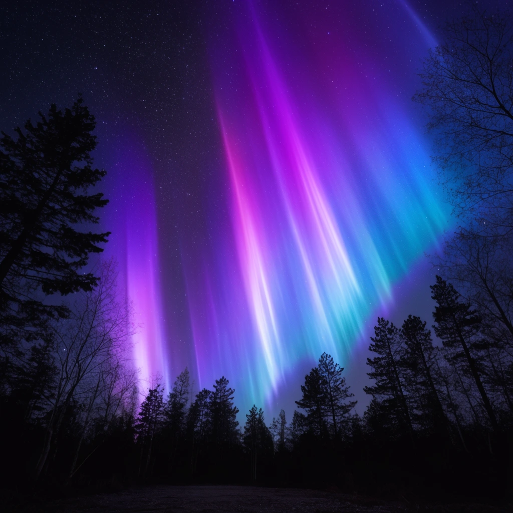 Luminous vertical pillars of purple, magenta, and cyan aurora borealis stretch across a starry night sky. The vibrant atmospheric glow contrasts sharply against pitch-black silhouettes of pine and bare trees framing the bottom and sides. Wide-angle astrophotography captures radiant neon light towering over the dark forest clearing.