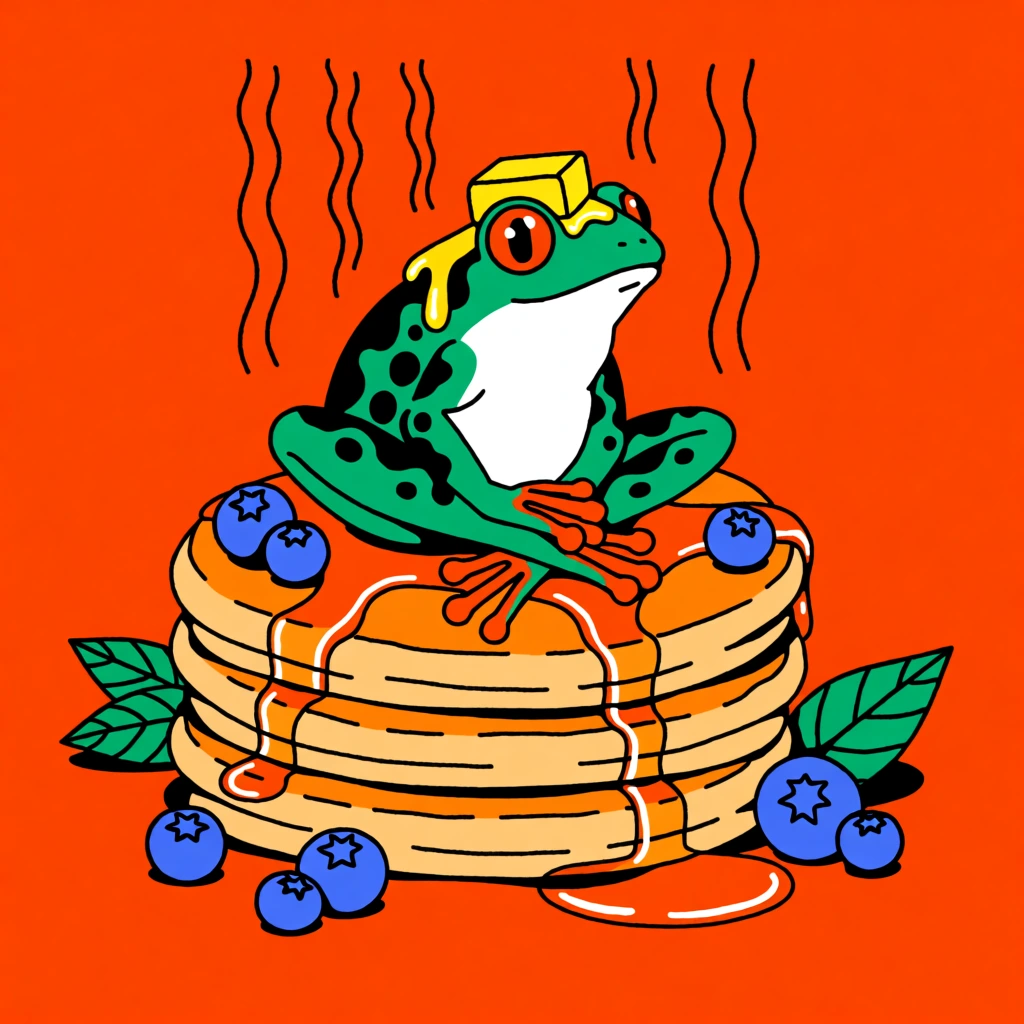 green frog with black spots and red eyes sitting cross-legged on a stack of pancakes, melting butter dripping from its head, wavy steam lines, syrup cascading down the golden pancakes, scattered blueberries, green leaves, solid bright orange background, bold black outlines, flat colors, 2D comic illustration, surreal pop-art aesthetic