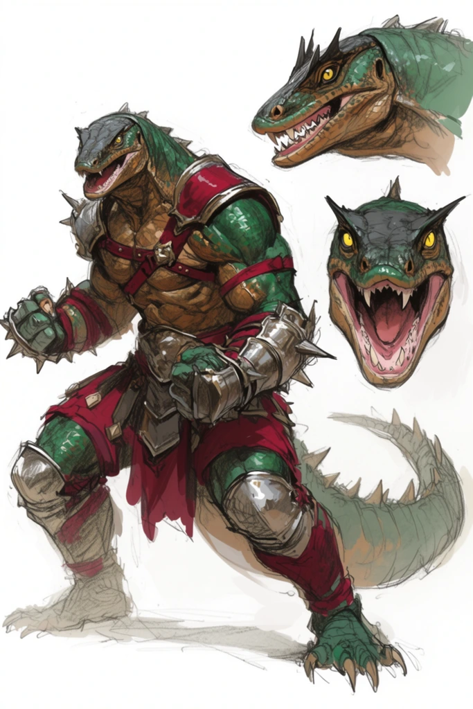 A character concept art sheet featuring a muscular humanoid monitor lizard brawler in an aggressive, low combat stance against a stark white background. The central figure has a heavily muscled torso with emerald green and bronze scales, wearing crimson and silver gladiator armor, segmented metallic knee guards, and spiked iron gauntlets. A thick, spiked reptilian tail curls behind him. To the right of the full-body figure are two detailed floating head sketches: a profile view highlighting sharp cranial crests and a fierce snarl, and a front-facing portrait emphasizing glowing yellow eyes and a wide open-mouthed roar exposing razor-sharp teeth. The artwork utilizes loose, expressive graphite pencil linework combined with flat digital color washes, creating a dynamic and rough conceptual design aesthetic.