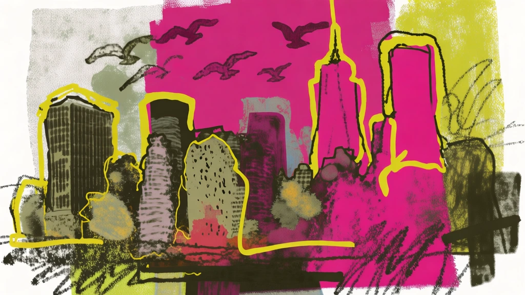 expressive mixed media digital collage, city skyline with multiple skyscrapers and several birds flying above, vibrant magenta and bright lemon yellow color blocks, thick gestural yellow outlines defining building shapes, charcoal grey and muted sage green textured overlays, scribbly black line work, chalky crayon textures, overlapping layers with transparent elements, artistic and experimental composition, high contrast, hand-drawn aesthetic, off-white paper texture background.