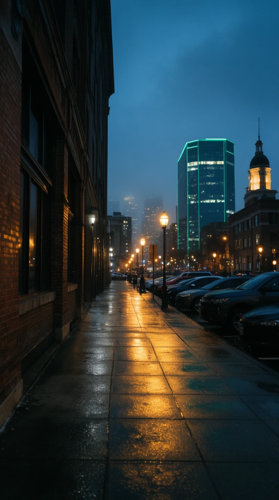 wet urban sidewalk at night, deep blue overcast sky, golden streetlight reflections on gridded concrete pavement, brick building facade on the left, row of parked cars on the right, distant glass skyscraper with glowing green trim, historical tower with illuminated dome, cinematic nightscape, leading lines toward a hazy downtown skyline, striking contrast of warm streetlights against cool evening light, moody atmospheric photography