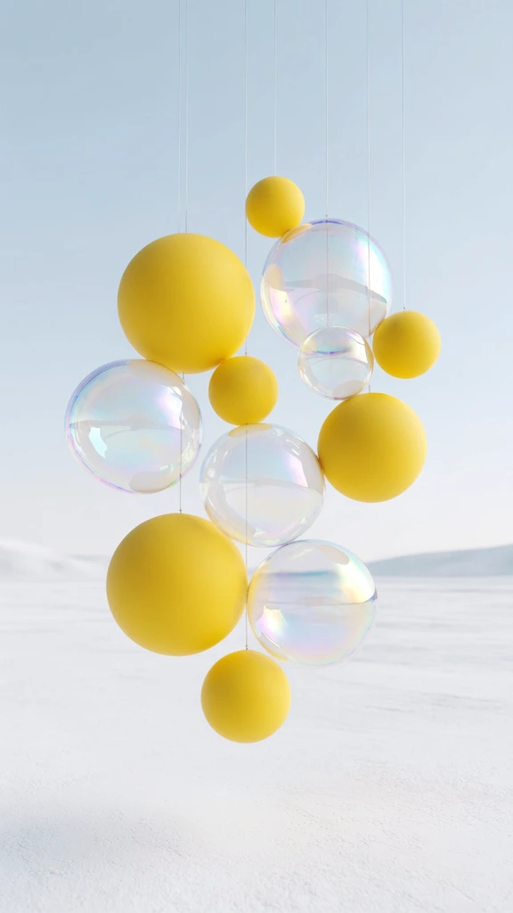 minimalist, bright, high-fashion composition, vibrant yellow matte spheres and clear iridescent bubbles suspended from thin nearly invisible wires, expansive and serene open white landscape, soft even studio-style lighting with minimal shadows, architectural and clean aesthetic, smooth textures, translucent and reflective surfaces, ethereal and grounded atmosphere, high-end commercial photography style, precise and balanced layout, neutral background with a subtle horizon line.