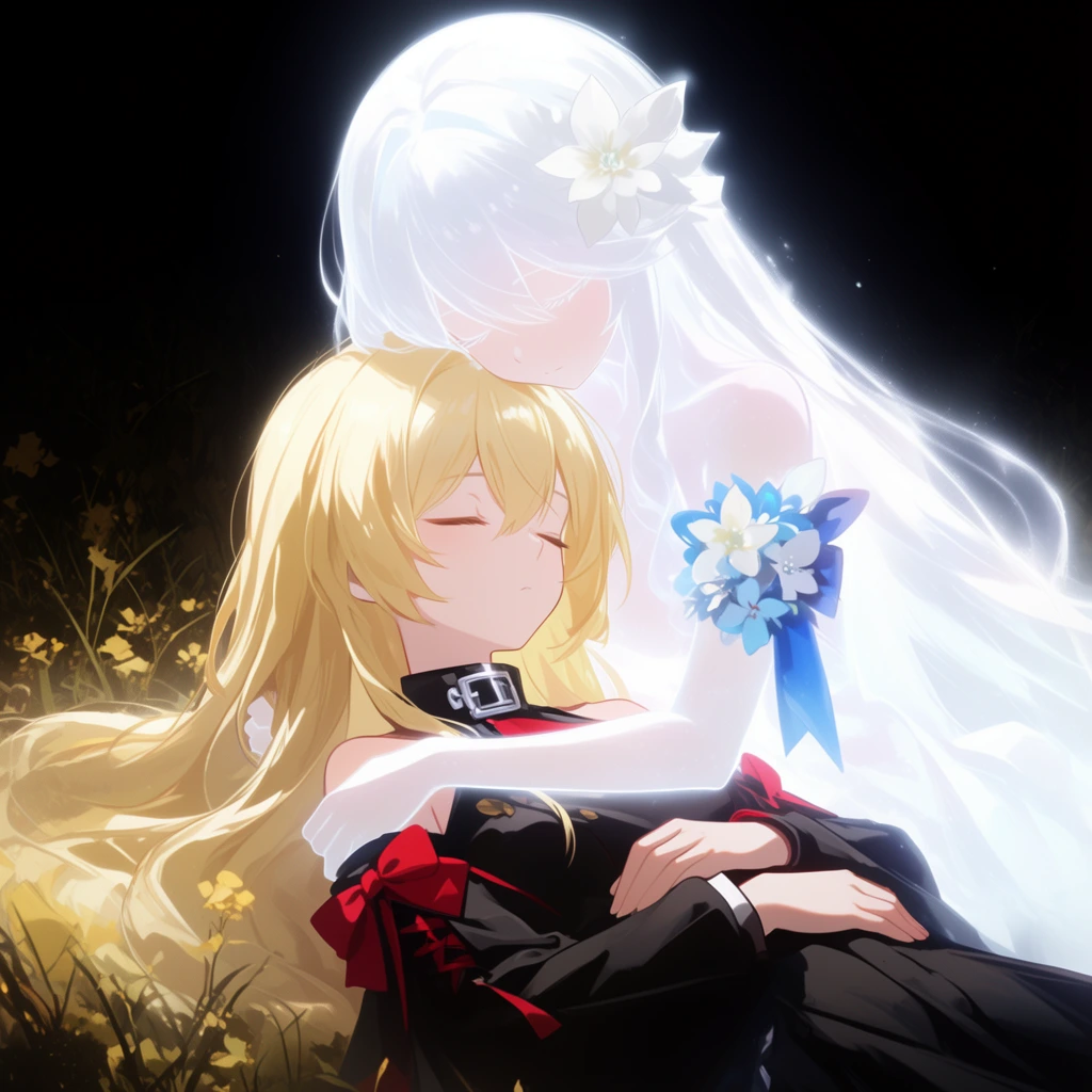 two anime-style young women embracing, sleeping foreground figure with blonde hair in a black dress with red ribbon accents and silver collar buckle, glowing spectral white background figure holding her, flowing luminous white hair, white hair flower, blue and white floral corsage, tender expression, eyes closed, resting on dark grass with scattered yellow foliage, pitch-black background, dramatic high-contrast chiaroscuro lighting, ethereal bright glow, soft digital illustration