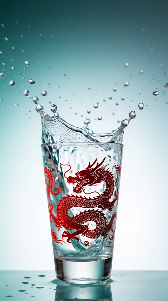 dynamic water splash erupting from a clear drinking glass, frozen mid-air droplets scattering outwards, exterior glass decorated with an intricate red twisting dragon illustration, thick transparent base, seamless gradient backdrop transitioning from deep teal to pale aqua, bright studio lighting, high-speed product photography, sharp focus on flying water beads, crisp glassy reflections, centered minimalist composition, striking cool-toned aesthetic with bold crimson accents