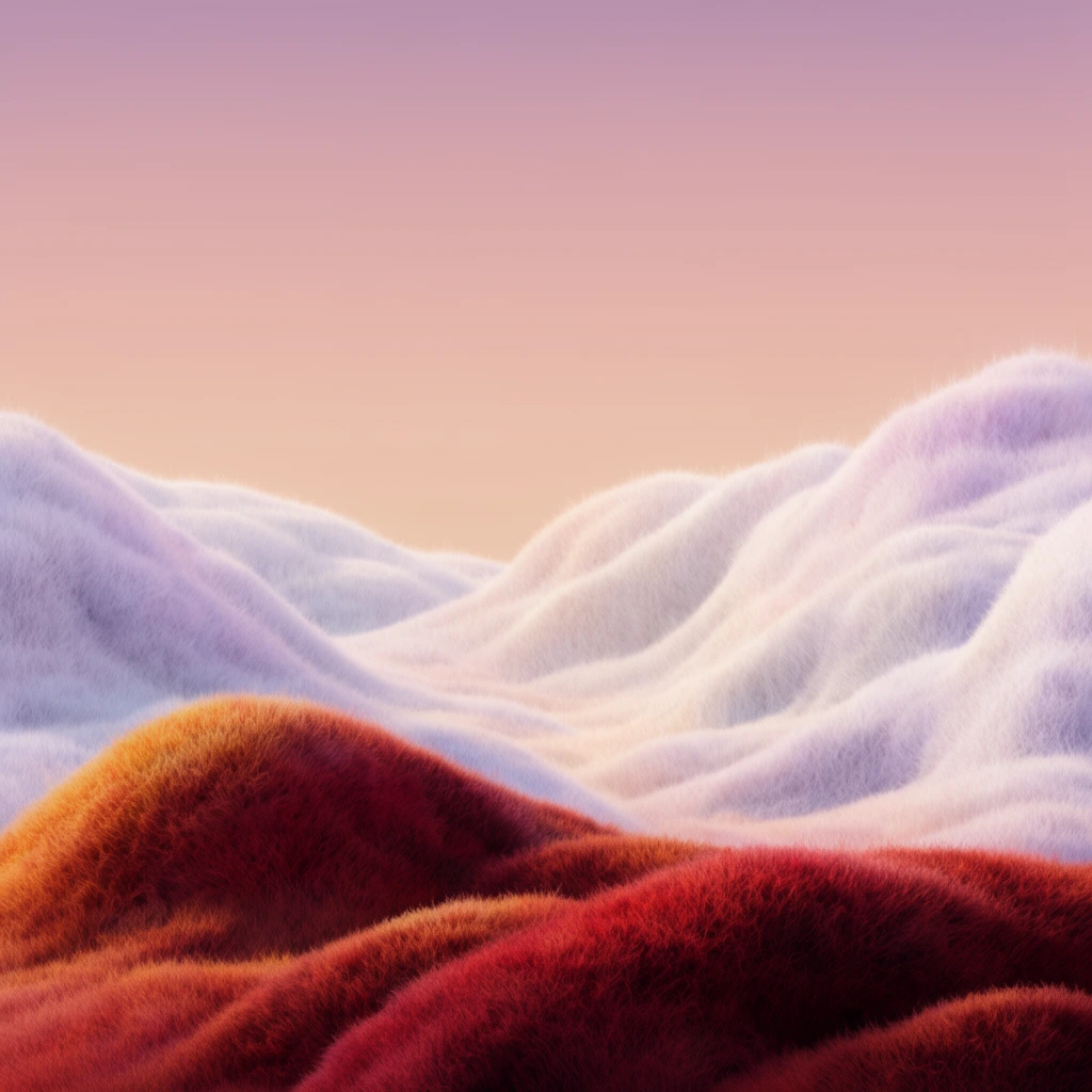 Surreal 3D landscape of rolling hills with dense fuzzy hair-like texture, crimson and burnt orange foreground peaks, pale lavender and white slopes, smooth peach to mauve gradient sky, soft directional lighting, minimalist pastel aesthetic
