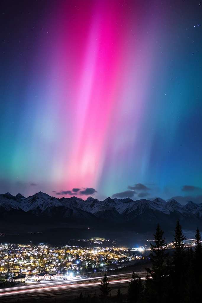 A brilliant aurora borealis illuminates a night sky with a massive vertical pillar of intense magenta transitioning into soft teal and deep blue. Scattered stars are visible through the vibrant atmospheric glow. Below, a jagged, snow-dusted mountain range forms a dark silhouette across the midground, with small clouds hovering just above the peaks. Nestled in the valley, a sprawling town glows with dense clusters of warm yellow and white lights. Long-exposure vehicle light trails stretch across the foreground, framed by dark pine tree silhouettes on the bottom right.