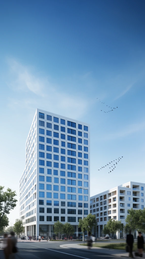 A modern, multi-story white building with a gridded facade of square blue-tinted windows stands prominently in an urban setting. To its right, a lower, similarly styled building features inset balconies. The buildings are situated at a street corner with blurred, silhouetted figures of pedestrians on the sidewalks, and green trees scattered around the base. The sky above is a clear, bright blue with a few wispy clouds and a flock of birds flying in a V-formation.
