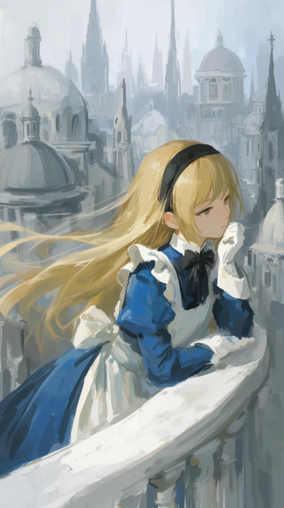 anime-style digital painting, young girl leaning on a white stone balcony, long blowing blonde hair, black hairband, blue dress with white frilled apron, white gloves, looking over a hazy gothic cityscape, pale grey domes and tall spires, loose painterly brushstrokes, impressionistic background, soft diffused lighting, muted cool color palette, windy atmosphere