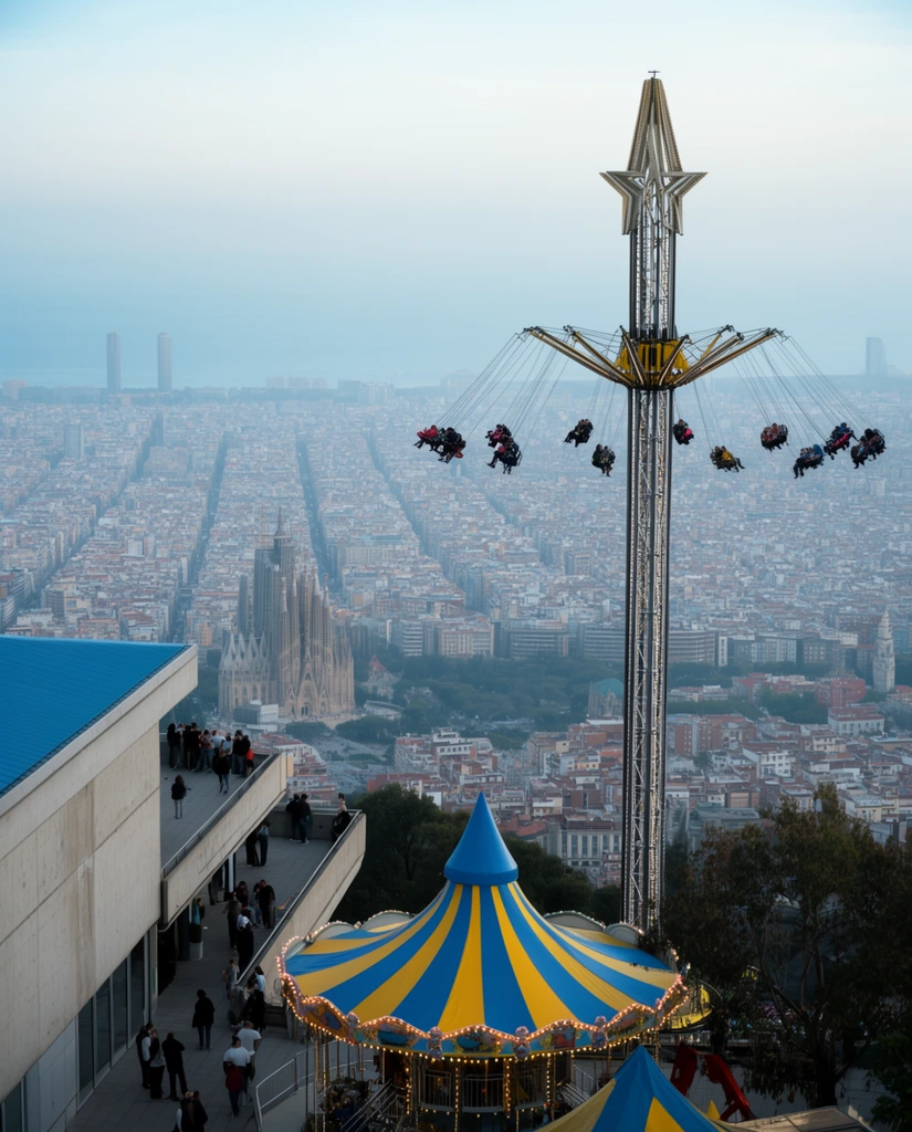 A high-altitude observation deck overlooks a sprawling cityscape stretching toward a hazy ocean horizon. People gather on a paved terrace beside a modern concrete building with a blue roof. Just below, a vibrant blue and yellow striped carousel tent is trimmed with string lights. To the right, a towering metal drop ride with a star-shaped peak suspends passengers high in the air. The expansive urban backdrop features tightly packed blocks of buildings, a distinct multi-spired cathedral, and distant coastal skyscrapers fading into the pale blue atmospheric mist.