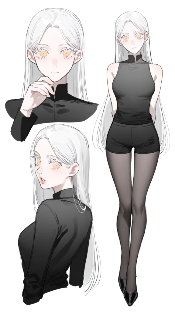 Character sheet illustration featuring three views of a young woman with long white hair and golden eyes dressed in black attire against a plain white background. In the top-left bust-up shot, the woman looks forward with a neutral expression, resting her right hand near her chin with fingers slightly curled. She wears a black high-collared shirt. Below this, another bust-up shot shows her from a three-quarter rear perspective, looking back over her shoulder with slightly parted lips and an attentive gaze. The right side of the image features a full-body view of the character standing with a slight hip tilt and her hands behind her back. In this full-length pose, she wears a black sleeveless tank top, form-fitting black shorts, sheer black tights, and black pointed-toe high heels. Her long, straight white hair features blunt bangs that frame her face and fall down her back. Her eyes are a distinct amber-gold color accentuated by thick dark lashes and slender brows. The artistic style is characterized by clean 2D anime-style line art and cell shading, which provides depth to her figure and clothing through well-defined shadows. The lighting originates from the upper left, and the color palette is limited to monochromatic tones with small accents of warm color in her eyes and lips.