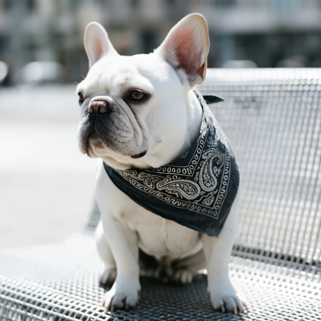 A white French Bulldog sits on a perforated metal bench, wearing a dark bandana adorned with a white paisley pattern. The canine features prominent upright ears, deep facial wrinkles around its black nose, and dark brown eyes looking off to the left. Bright natural sunlight illuminates its short white coat, highlighting the firm posture as its front paws rest squarely on the textured metal grid. The photograph utilizes a shallow depth of field, keeping the dog's face and the intricate fabric designs in crisp focus. The background is a heavily blurred urban outdoor setting with soft bokeh in muted tones of gray and white, isolating the main subject.