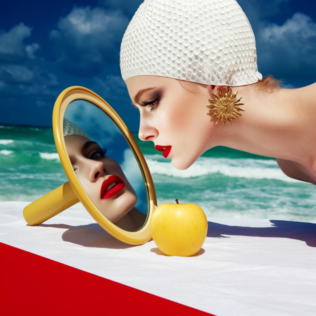A fair-skinned woman wearing a textured white vintage swim cap and a large gold sunburst earring leans closely over a round, yellow-rimmed mirror resting on a white fabric surface. Her profile reveals vivid red lipstick and dramatic eye makeup. The angled mirror captures a surreal, fragmented reflection of her lips, eye, and the sky. A smooth yellow apple sits directly in front of the glass. The background presents a highly saturated turquoise ocean with crashing white waves under a deep blue sky with fluffy clouds. The composition utilizes a pop-art fashion photography aesthetic, featuring harsh direct sunlight, stark shadows, and striking primary color contrasts alongside a bold red geometric accent in the pristine foreground.