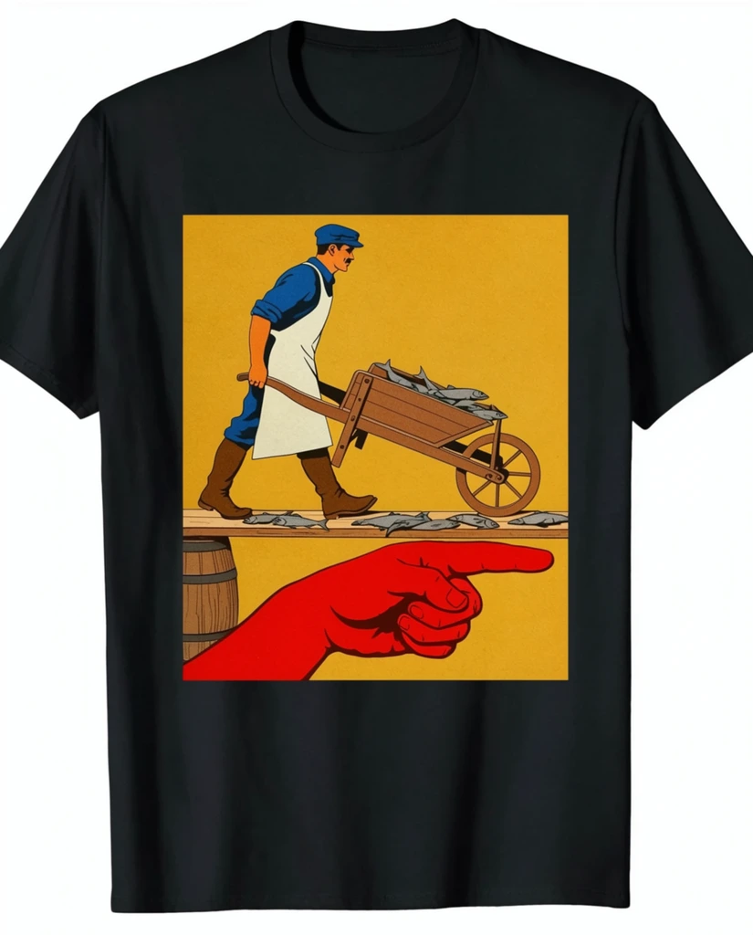 Black short-sleeved t-shirt laid flat on a white background, central rectangular graphic print, vintage constructivist illustration, mustard yellow background, stylized man in profile walking right, wearing a blue shirt, white apron, blue cap, brown boots, pushing a wooden wheelbarrow along a wooden plank, scattered grey fish on the plank and in the wheelbarrow, wooden barrel supporting the plank, oversized bright red hand in the foreground pointing right, bold flat colors, distinct outlines, retro graphic design, product photography, top-down view