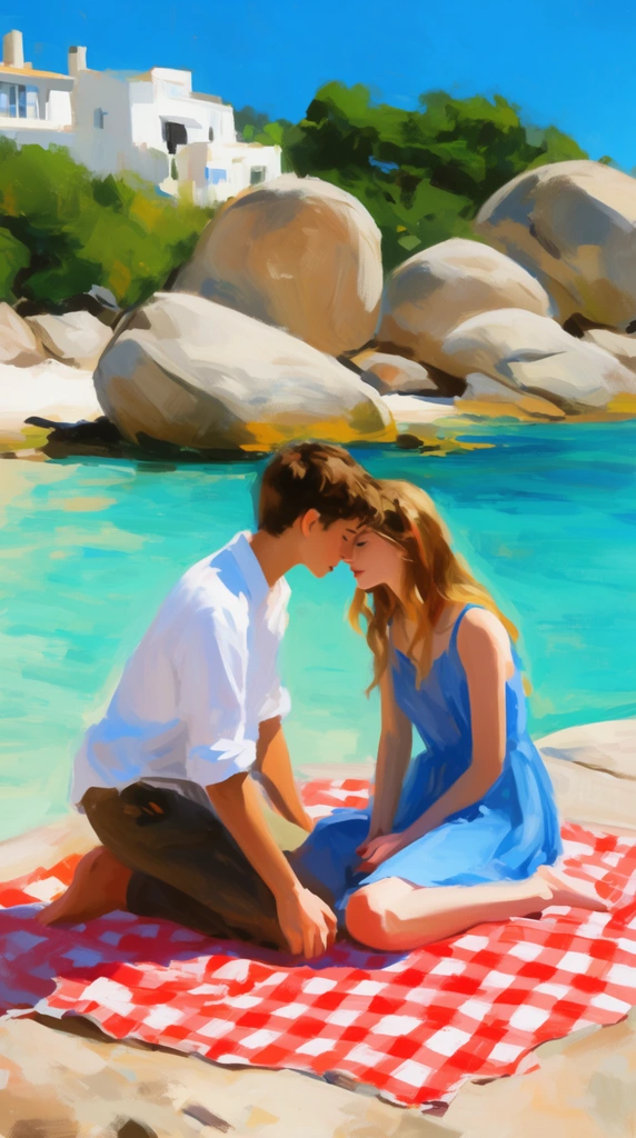 Intimate young couple leaning together on a picnic blanket by bright turquoise water, kneeling boy in white shirt, seated girl in blue dress, vibrant impressionistic digital painting, thick painterly brushstrokes, smooth beach boulders, white coastal buildings, lush green foliage, bright sunny daylight