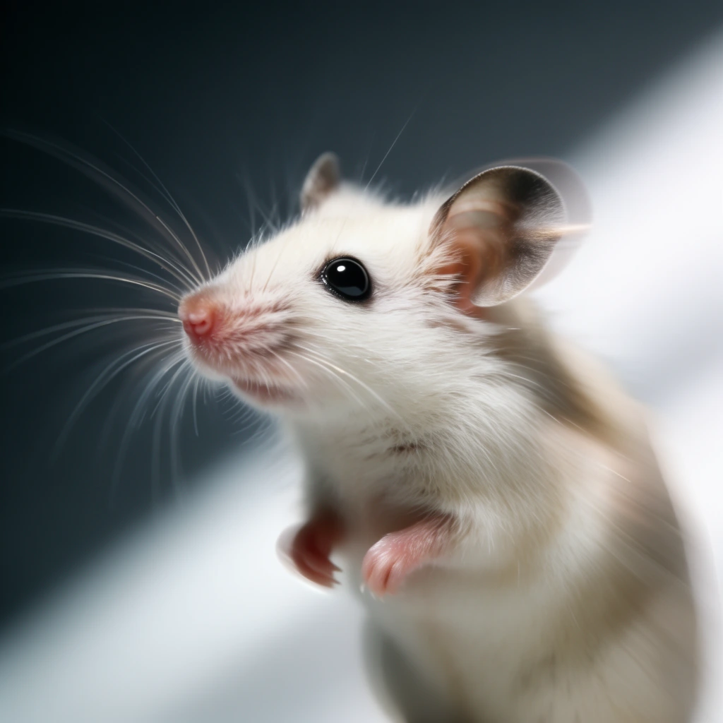 close-up profile of a small white mouse standing upright, looking left, soft cream-colored fur, large glossy black eye, small pink nose, long sweeping white whiskers, prominent rounded ears with dark edges, tiny pink front paws tucked against chest, diagonal background split, dark slate gray contrasting with a bright white diagonal light beam, macro photography style, shallow depth of field, soft ethereal focus, slight motion blur effect on body edges, dramatic studio lighting