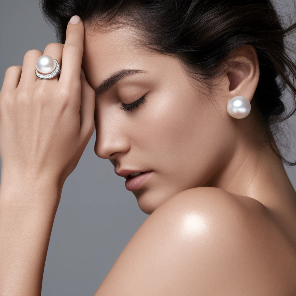A close-up beauty portrait features a woman with closed eyes touching her face, highlighting pearl jewelry against a seamless grey background. Posed in profile, her glowing bare shoulder angles toward the viewer. Her raised right hand rests against her forehead, displaying a large white pearl ring in a diamond-studded silver crescent. A matching oversized pearl earring adorns her ear. Dark hair is swept back with loose tendrils, complementing her serene expression, dark eyelashes, and parted lips. High-end commercial photography techniques and soft, diffused directional lighting emphasize fine skin texture and luminous pearls within a tightly cropped, neutral composition.