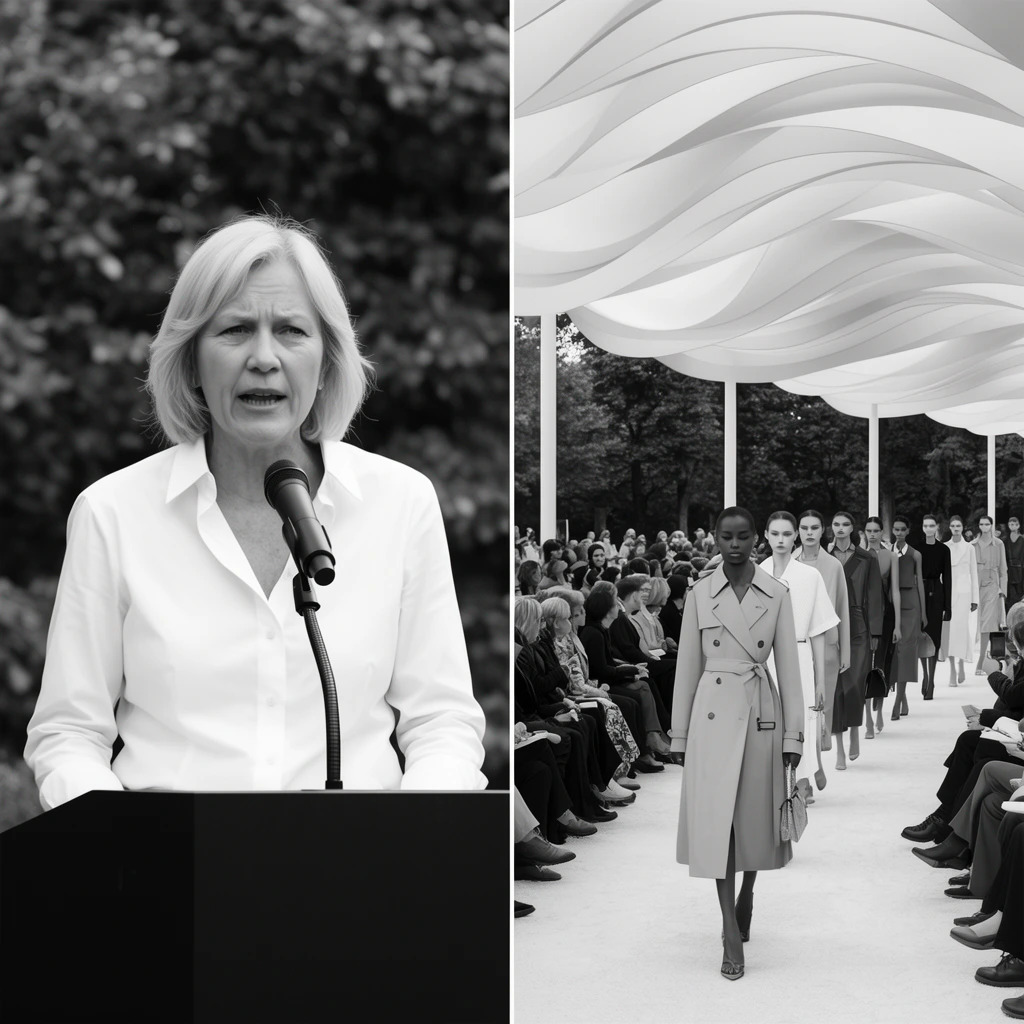 A black and white diptych contrasting a public speaker and an outdoor fashion runway. Left, a blonde woman in a crisp white shirt speaks earnestly into a microphone at a dark podium against softly blurred foliage. Right, a line of models walks down a pale pathway beneath a sweeping, undulating canopy supported by slender white pillars. A model in a tailored trench coat dress leads the procession past an attentive seated audience. Crisp documentary photography highlights the elegant atmosphere.
