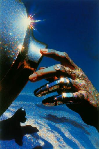 Prismatic Cosmic Retro-Surrealism style reference image — surreal scale juxtaposition