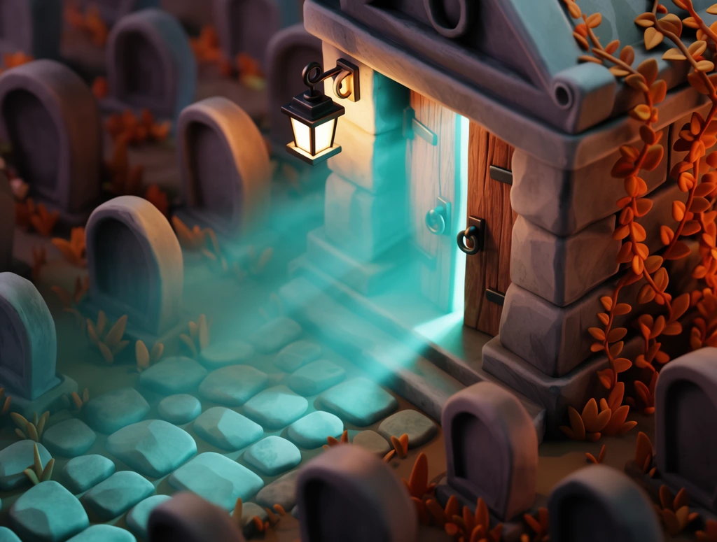 A stylized 3D render of a chunky stone mausoleum with wooden doors spilling bright cyan light into a graveyard. A glowing lantern and orange vines frame the entrance. A cobblestone path winds past smooth, clay-like tombstones. High-angle framing and a shallow depth of field contrast ethereal teal rays with warm orange shadows, creating a spooky, toy-like aesthetic.