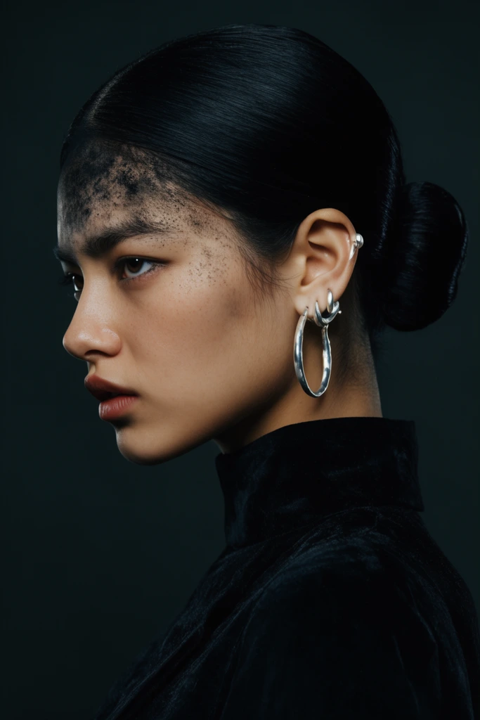 medium profile shot, young woman, jet black hair in a tight bun, silver earrings, dark soot on forehead, intense stare, dark background, cinematic lighting