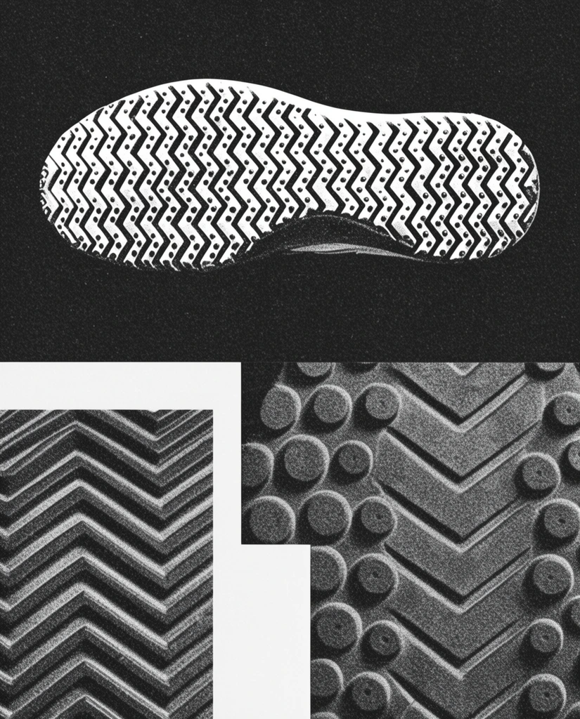 Split-screen monochromatic graphic composition featuring extreme close-ups of athletic shoe outsoles. The top section presents a dark gritty background with a high-contrast white imprint of a shoe sole displaying intricate zigzag and dotted tread patterns. The bottom section features a collage layout with stark white geometric overlays contrasting against heavily textured halftone macro shots of rubber chevrons and circular grips. The overall aesthetic mimics a degraded photocopy with heavy film grain, stark lighting, and brutalist structural elements.