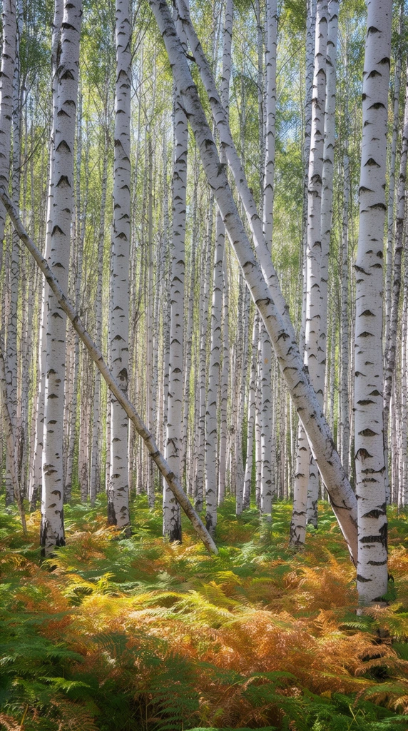 A dense grove of towering birch trees features stark white bark marked with dark, eye-shaped scars, creating a rhythmic vertical pattern. A few diagonal leaning trunks cut sharply across the standing timber. The forest floor is completely blanketed by lush ferns transitioning between vibrant green and warm golden-copper hues. Dappled sunlight filters through the canopy overhead, casting soft illumination and deep shadows across the smooth pale trunks and textured undergrowth. Captured as sharp landscape photography with a deep depth of field, the scene emphasizes the overwhelming repetition of trees fading into a serene, sunlit woodland background.