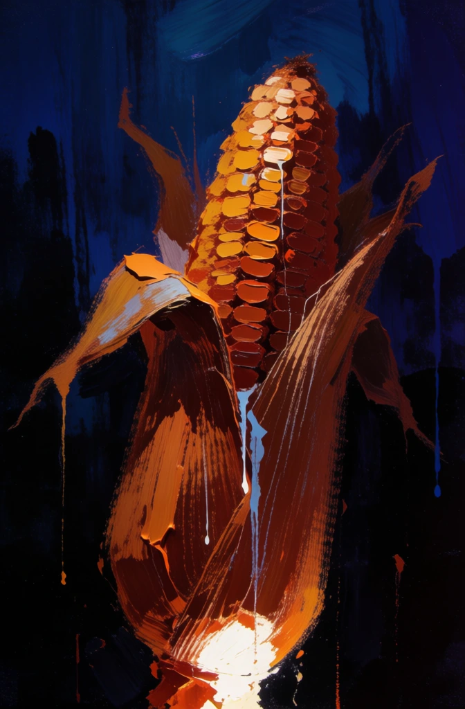 anthropomorphic ear of corn emerging from obsidian darkness, expressive impasto brushstrokes, vertical dripping washes, deep indigo and midnight blue sky, high-contrast white-hot focal highlight, three luminous floating teardrops, viscous drool, the word corn in scratchy white sgraffito text, silhouettes of jagged trees, melancholic chiaroscuro lighting, textured painterly aesthetic, eerie dreamlike atmosphere, nocturnal vignette, low-key composition