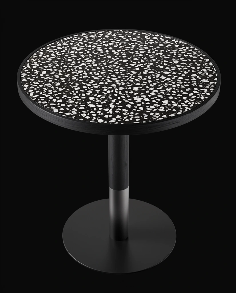 modern round cafe table, black and white terrazzo tabletop, scattered irregular white marble chips set in a black surface, black wood edge banding, central cylindrical pedestal base, matte black column with subtle wood grain upper and smooth metal lower half, flat circular black base plate, isolated on pure black background, minimalist contemporary furniture design, sleek product photography, soft studio lighting, high angle view
