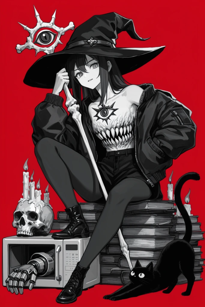 greyscale anime witch in pointed hat and bomber jacket holding bone staff, sitting on stacked grimoires, solid red background, monstrous toothy chest, gothic eye-sword, stretching black cat, candle-topped skull, robotic arm exiting vintage microwave, stark monochrome shading against bold color