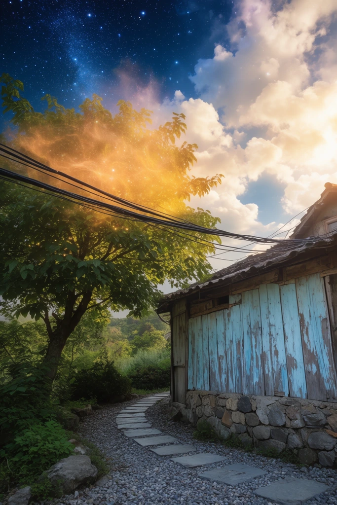 surreal landscape blending day and night, leafy green tree beside a rustic weathered building, upper canopy glowing with an ethereal golden-orange mist, thick black power lines stretching diagonally, building facade featuring a stone foundation and peeling light blue vertical wooden planks, curved pathway of grey stepping stones embedded in gravel, striking sky split between a deep blue star-filled night on the left and bright fluffy sunlit clouds on the right, magical realism, cinematic lighting, sharp focus
