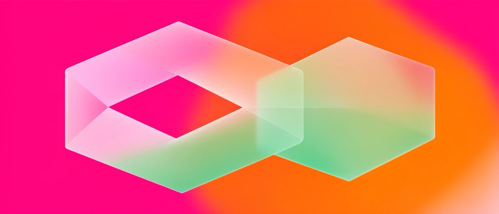 Translucent geometric forms float against a vibrant gradient background in a modern abstract composition. The central shapes, resembling folded frosted glass polygons, include an elongated hexagon with a diamond cutout and a solid angled hexagon. These figures display a smooth vertical color shift from pastel pink to mint green. The backdrop contrasts with a striking bleed from intense hot magenta to warm glowing orange. Intersecting opacities create complex layered hues, while a subtle digital grain texture overlays the sleek vector geometry, providing a tactile, ethereal finish.