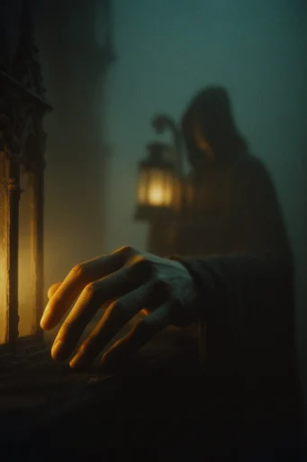 Cinematic Amber Noir style reference image — dense atmospheric fog