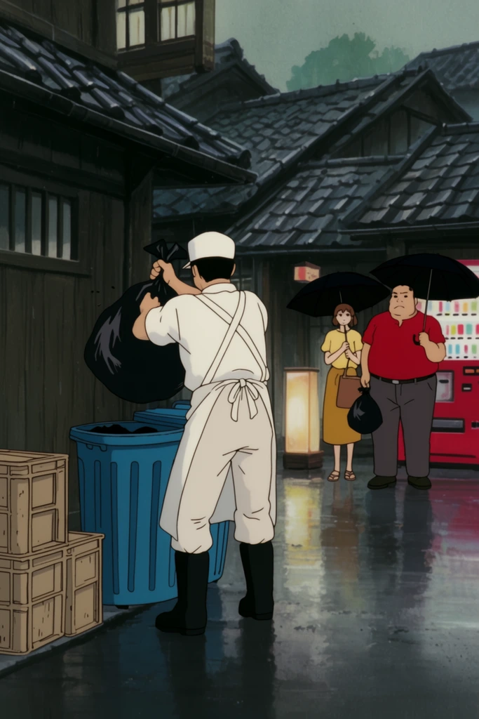 cook seen from behind tossing a black garbage bag into a blue bin, wearing a white uniform cap and tied apron with black boots, rainy alleyway near stacked crates, wet reflective pavement, two onlookers holding black umbrellas and bags in the background, heavyset man in a red shirt next to a woman in yellow, traditional shop facades with tile roofs, illuminated standing lantern, red vending machine, 1990s 2D cel animation style, detailed hand-drawn anime background, muted rainy atmosphere