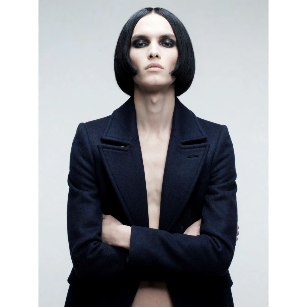 high fashion editorial portrait of an androgynous model, sleek black bob haircut, pale skin, dramatic dark smokey eye makeup, sharp cheekbones, wearing a structured navy blue tailored peacoat worn open over bare skin, arms crossed tightly over the chest, stark light gray studio background, soft diffused overhead lighting, medium shot, crisp photography, magazine aesthetic
