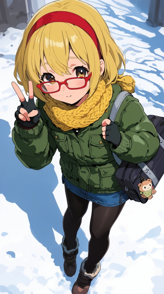 anime-style girl with short blonde hair and red headband, wearing red framed glasses, leaning forward making a peace sign, high-angle perspective, green puffy military parka, yellow knit scarf, blue denim skirt, black tights, fingerless gloves, dark school bag with plush charm on shoulder, bright snowy ground, sharp blue shadows cast on snow, bright lighting, cel-shaded illustration