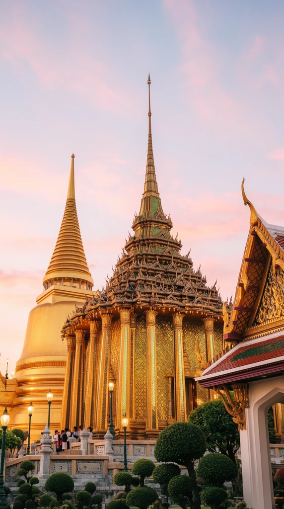 A sweeping Southeast Asian temple complex glows under a soft pastel sunset sky. A magnificent multi-tiered pavilion dominates the center, featuring intricate green and gold mosaic walls, tall golden columns, and a towering needle-like spire. To the left, a massive bell-shaped golden stupa reflects warm ambient light. On the right, a building displays layered sloping roofs with red and green tiles and gilded eaves. The foreground features manicured spherical shrubs, ornate stone balustrades, and glowing lampposts, with tiny figures clustered near the pavilion's base to emphasize the colossal architectural scale. Captured from a low-angle wide perspective, the architectural photography highlights meticulous gilded textures bathed in golden hour warmth against serene pale blue and pink clouds.