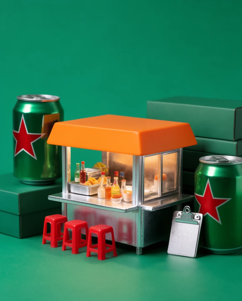 miniature street food stall diorama, bright orange roof, silver metallic counter, tiny red plastic stools, illuminated interior with small glass bottles, flanked by full-sized green aluminum beverage cans bearing red stars, stacked matte green rectangular boxes, silver metal clipboard, solid emerald green background, crisp studio product photography, vibrant complementary colors, playful scale juxtaposition