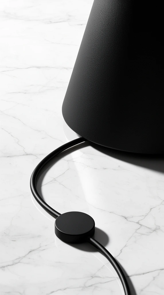A textured matte black conical object rests on a polished white marble surface crisscrossed with delicate grey veins. A thick black cord snakes outward from the base, connecting to a flat, circular inline switch. Strong directional lighting casts a sweeping curved shadow across the stone. The minimalist product photography highlights stark geometric shapes, high-contrast monochrome tones, and crisp material textures.
