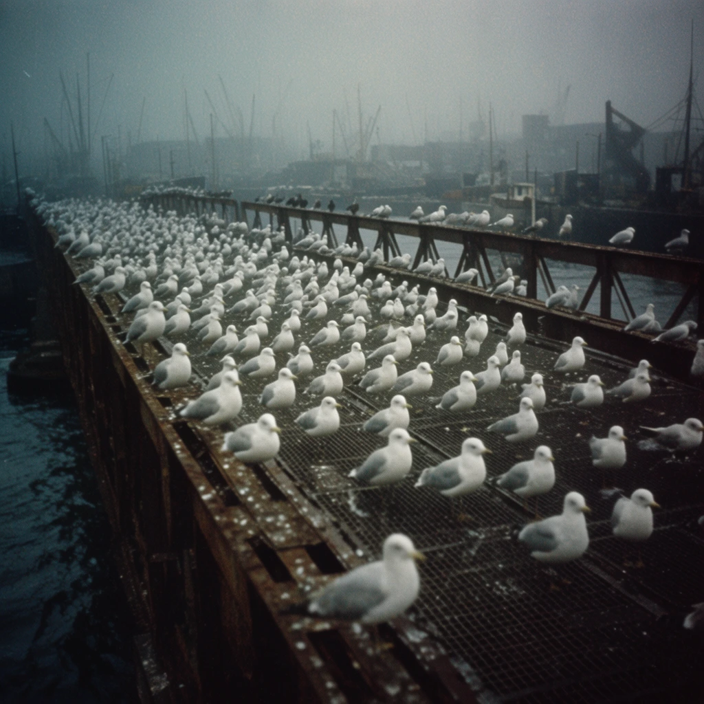 massive flock of large white gulls densely clustered on a rusted iron bridge structure, birds covering every metallic grid surface, desolate foggy harbor background, cold overcast daylight, dark choppy waters, moody cinematic lighting, eerie atmospheric tension, 1960s vintage film aesthetic, heavy film grain, muted color palette, wide angle