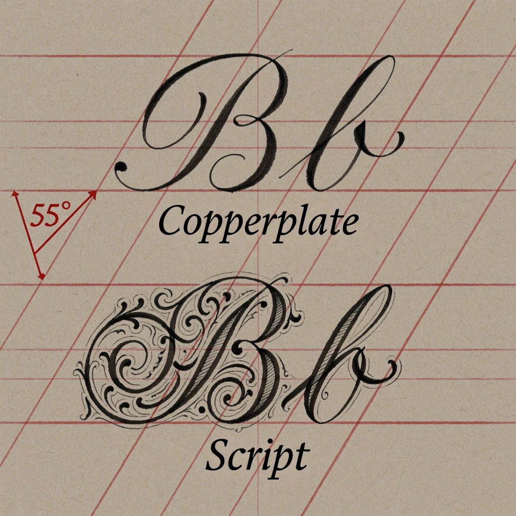 A comparative study of calligraphy displays two styles of the letters "B" and "b" over horizontal and slanted red guide lines on a tan textured background. The top set of characters depicts a clean "Copperplate" style in black ink, featuring fluid, flowing strokes with varying line weights typical of pointed pen calligraphy. Below this, a second set of the same letters is rendered in a highly ornate "Script" style, characterized by dense, intricate flourishes, decorative curls, and hatched shading within the thicker parts of the letterforms. Both sets are aligned to a series of red horizontal parallel lines and a grid of diagonal red slant lines angled at fifty-five degrees, as denoted by a red triangle icon with the text "55°" in red on the left margin. The word "Copperplate" is written in a black, modern serif font centered beneath the first pair of letters, while the word "Script" appears in the same font centered beneath the second pair. A faint vertical red line bisects the composition down the middle. The background is a neutral, light-brown paper texture, providing a clear contrast for the black and red markings. The image is captured from a direct overhead perspective with flat, even lighting that emphasizes the fine detail of the ink work and the technical layout of the calligraphic grid.