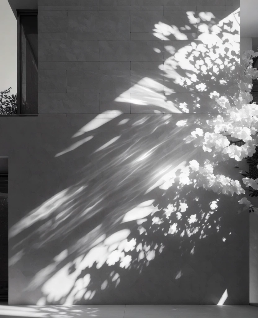 minimalist three-story house with modern architectural lines, black and white monochrome photography, high contrast lighting, dramatic dappled sunlight filtering through lush flowering bushes, complex shadow patterns across textured stone surfaces, serene and moody atmosphere, sharp geometric edges, cinematic composition, ethereal light play on the facade, foliage silhouettes, architectural minimalism, grainy texture, high-end editorial aesthetic, play of light and shadow, elegant depth.