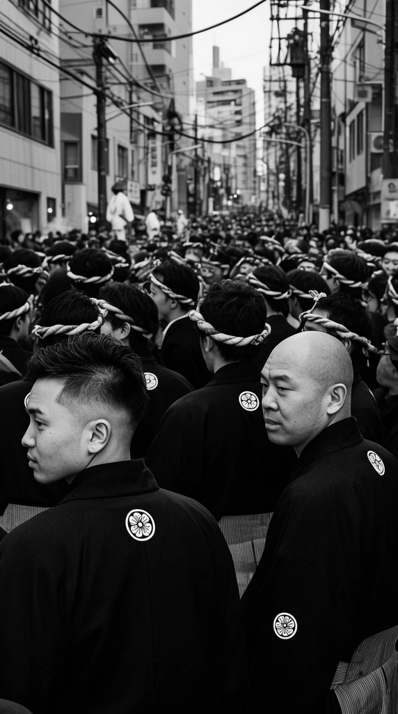 black and white street photography, dense festival crowd filling an urban street, foreground features two men in dark traditional coats with circular back crests, one man with a fade haircut looking sideways, another bald man looking forward, crowd wearing twisted headbands, tall buildings, utility poles, overhead power lines, high contrast monochrome, crowded composition